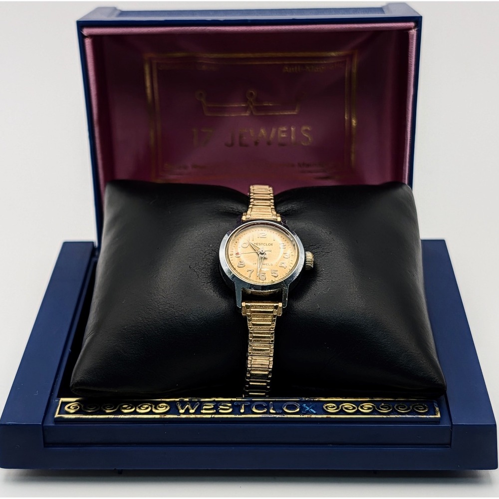 Westclox Vintage 17 Jewels Mechanical Watch Gold Tone Speidel Bracelet‎ Box